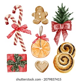Festive Christmas set watercolor illustration with christmas elements