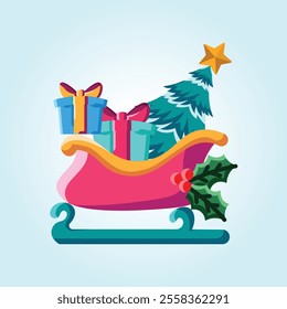 A festive Christmas sleigh carrying gifts and a decorated tree.  Perfect for holiday cards or decorations.