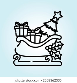 A festive Christmas sleigh filled with gifts, a Christmas tree, and holly. A perfect holiday illustration.