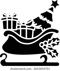 Um trenó festivo de Natal com presentes, uma árvore de Natal e um santo. Um perfeito feriado ilustração vetor ícone estilo sólido.