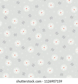 Festive Christmas Snowflakes, Hand Drawn Grey, White Orange Seamless Vector Pattern, Trendy Winter Illustration for Fashion Prints, Stationery, Xmas Decor, Gift Wrap & Seasonal Web Backgrounds
