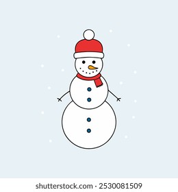 Vector de muñeco de nieve de Navidades festivas con sombrero, bufanda y copos de nieve, perfecto para la decoración navideña.