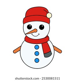 Festive Christmas snowman vector with a hat, scarf, and snowflakes, perfect for holiday decor.