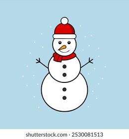 Vetor de boneco de neve de Natal festivo com um chapéu, cachecol e flocos de neve, perfeito para decoração de férias.
