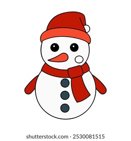 Festive Christmas snowman vector with a hat, scarf, and snowflakes, perfect for holiday decor.