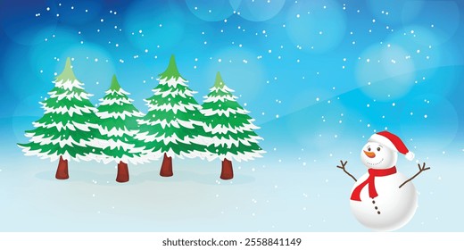 Festive Christmas Snowy Landscape with Pine Trees, Snowman, and Winter Magic