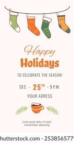 Festive Christmas social media stories. Colorful banners with new year elements. Design with tree gift boxes, socks, candy cane. For event invitation, discount voucher, advertising, greeting card