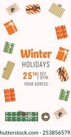 Festive Christmas social media stories. Colorful banners with new year elements. Design with tree gift boxes, socks, candy cane. For event invitation, discount voucher, advertising, greeting card