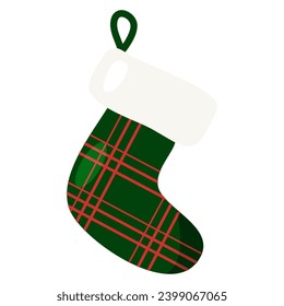 Festive Christmas sock for holidays gifts to be hang on fireplace, plaid pattern, vector