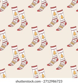 Festive Christmas socks seamless pattern on a light background.