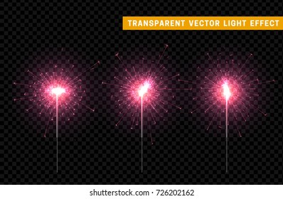 Festive Christmas sparkler decoration lighting element. Sparkler vector firework. Magic light isolated effect. For the background of the holiday and birthday