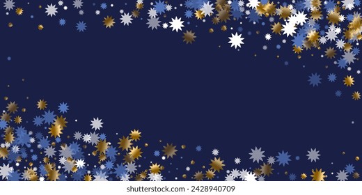 Festive Christmas star holiday background illustration. Gold blue white sparkle decoration. Banner starburst ornament. Christmas star shape shimmer. Party subtle print.