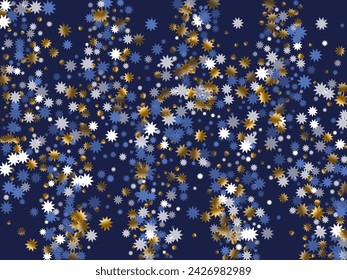 Festive Christmas star holiday pattern graphic design. Gold blue white sparkle decoration. Poster stardust background. Christmas star shape confetti. Winter random wallpaper.