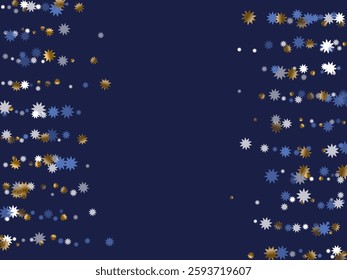Festive Christmas star holiday scatter illustration. Gold blue white twinkle decoration. Poster snowflake ornament. Christmas star shape elements. Festival glittering wallpaper.