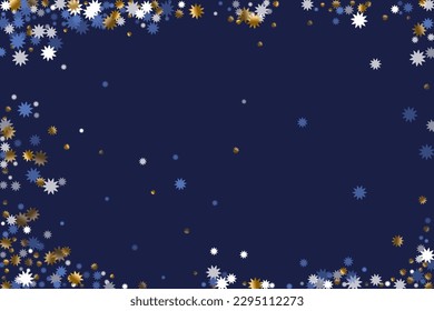 Festive Christmas star vector background illustration. Gold blue white sparkle decoration. Poster starburst pattern. Christmas star shape particles. Winter chic explosion.