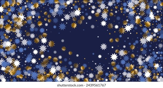 Festive Christmas star vector pattern illustration. Gold blue white shiny confetti. Poster starburst background. Christmas star doodle glitter. New Year traditional wallpaper.