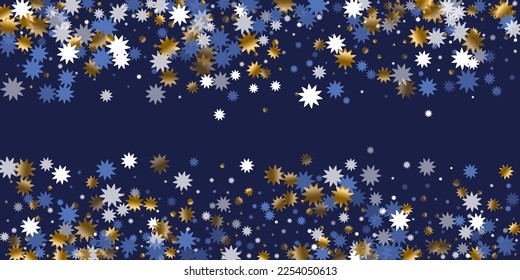 Festliche Weihnachtsstern, Vektorgrafik. Goldblauer Konfetti mit weißem Funkeln. Banner starben Hintergrund. Weihnachtsstern-Ikone-Teilchen. Schöne Winterdekoration.