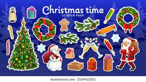 Festive Christmas sticker pack featuring holiday characters, decorations and gifts. Vector patches with cartoon Santa, snowman, present boxes, decorated pine tree, wreath or lantern for scrapbooking