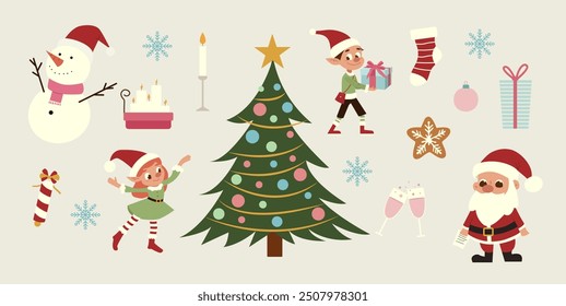 Festive Christmas Sticker Set with Santa, Elves, christmass tree and Decor