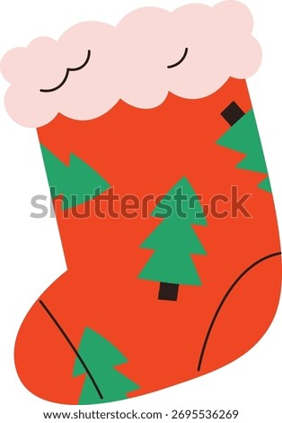 A festive Christmas stocking decorated with tree motifs in a flat style. The stocking features a fluffy top and simple geometric shapes. Cartoon vector illustration.