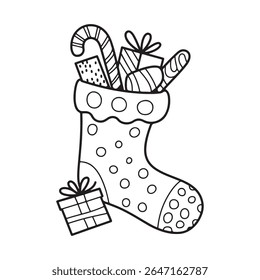  Festive Christmas Stocking Filled with Gifts And Candy Canes Outline