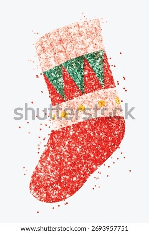 Festive Christmas stocking with glitter. Red and green glitter design. Christmas stocking sparkles with glitter. Perfect for holiday decor and Christmas cheer. Christmas illustration vector.