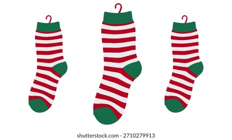 Festive Christmas stocking illustration set with red and white stripes and green accents. Cute flat style perfect for holiday cards, posters, decorations, and digital design projects.