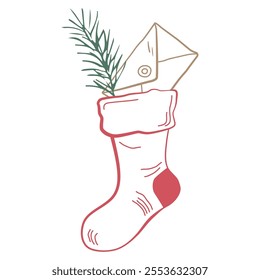 Festive Christmas stocking - vector festive hand-drawn illustration with sock, letter, pine branch. Christmas holiday clip art