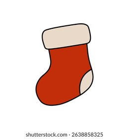 Festive Christmas stocking vector illustration in red and beige tones. Perfect for holiday decor, cards, and seasonal designs. Ideal for conveying cozy, traditional Christmas themes.