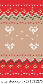 Un diseño de suéter navideño festivo con un esquema de colores rojo y beige con Elementos decorativos blancos, verdes y amarillos. Perfecto para proyectos de temática navideña y moda de invierno.