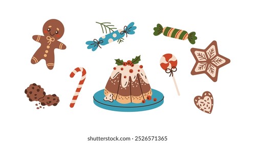 Festive Christmas sweets and treats flat color vector objects set. Traditional sugar treats prepared for winter holidays illustrations on white