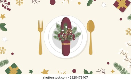 Festive Christmas table arrangement features a central plate with a decorated napkin, wrapped gifts, snowflakes, and holiday greenery.