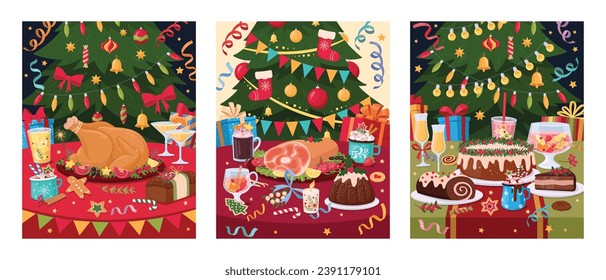 Festive Christmas table posters. Winter holidays meal, cartoon dishes on table, traditional holiday sweets and desserts flat vector illustration set. Christmas holidays card