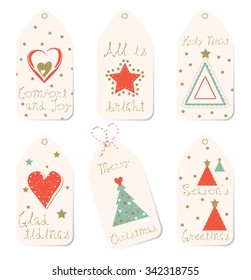 Festive Christmas tags with trees, stars and hearts. Contemporary design and colour palette. 