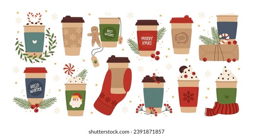 Festive Christmas takeaway paper coffee cups with hot aroma seasonal winter drinks vector illustration. Tea and coffee beverage to warmth in cold weather. Carton mugs set with cute greeting design