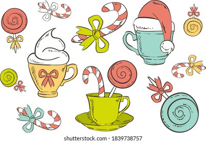 Festive Christmas tea coffee cups, lollipops and bows - Colorful holiday Isolated vector illustrations