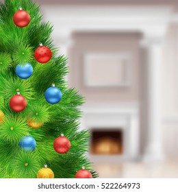 Festive Christmas template with green tree and colorful balls on blurred background vector illustration