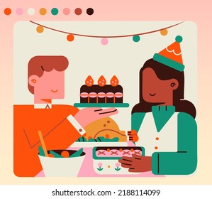 Festive Christmas and Thanksgiving Illustration Featuring Family Gathering, Holiday Food, and Seasonal Decor
