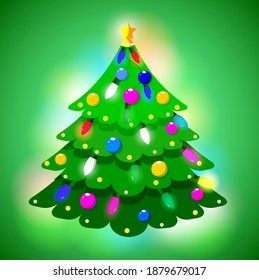Árbol navideño festivo con bolas y bombillas en un fondo verde