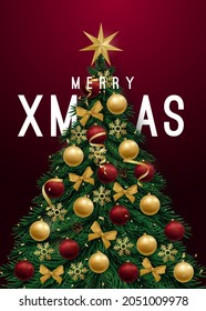 Festive Christmas tree banner. Xmas tree with 3d realistic golden and red balls, snowflakes, cones, bows and serpentine. Vector holiday poster, greeting card, social media. 