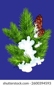 Festive Christmas tree branch with pine cones