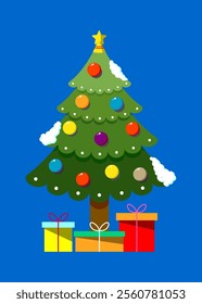 Festive Christmas tree with colorful ornaments, star topper, and gift boxes, ideal for holiday-themed designs and decorations.