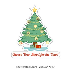 A festive Christmas tree decorated with emoji ornaments representing various emotions, accompanied by gifts underneath. The slogan invites you to choose your mood for the year.