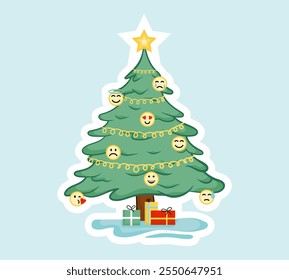 A festive Christmas tree decorated with emoji ornaments representing various emotions, accompanied by gifts underneath. The slogan invites you to choose your mood for the year.