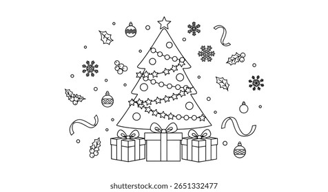 Festive christmas tree decorated with ornaments and presents below hand drawn style