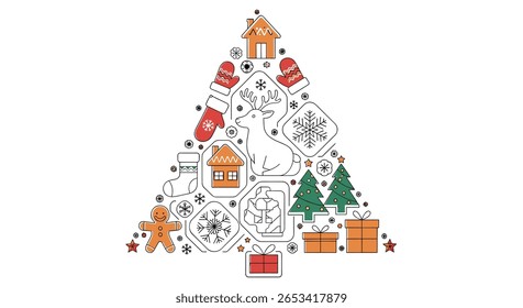 Festive christmas tree decorations composed of small festive icons representing winter holiday celebrations
