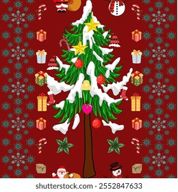 Festive Christmas Tree Design with Snow, Ornaments, Gifts, and Santa on Red Background - Holiday Decorative Pattern