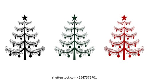 Festive Christmas tree design in vibrant colors. A modern vector-style illustration featuring various color variations, perfect for holiday-themed designs, greeting cards, and seasonal decorations.