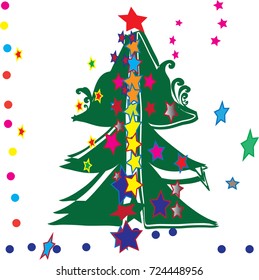 
a festive Christmas tree, executed in a children's style. spruce green with toys.
at the top of the Christmas tree star