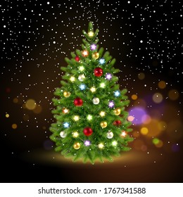 festive christmas tree with falling snowflakes on a dark background